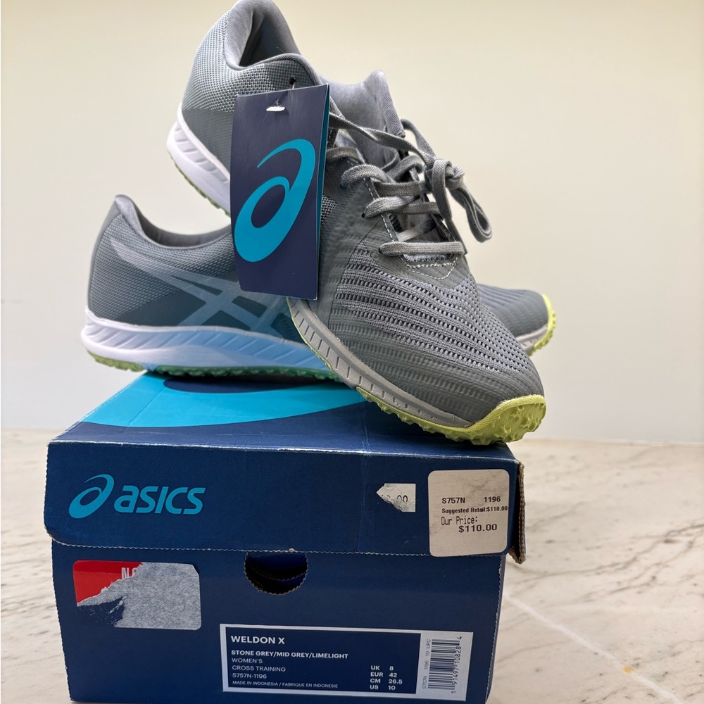 Brand New ASICS Weldon X cross training shoes. Grey with lime and white accents.